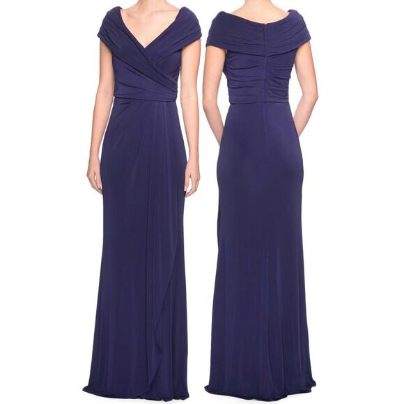 La Femme dress navy blue ruched jersey column gown - Picture 2 of 6
